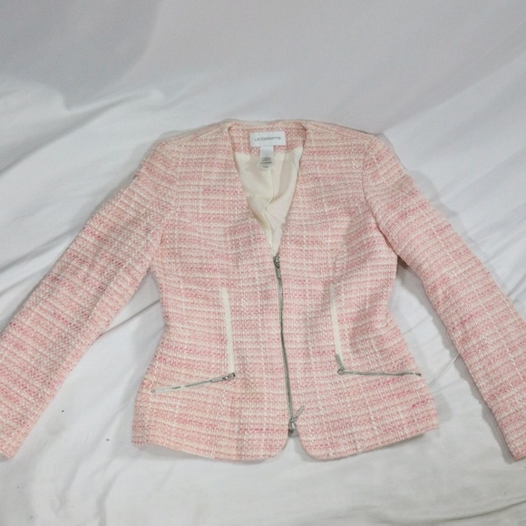 Liz Claiborne Jackets & Blazers - LIZ CLAIBORNE Pink Wool Collarless Zip Blazer